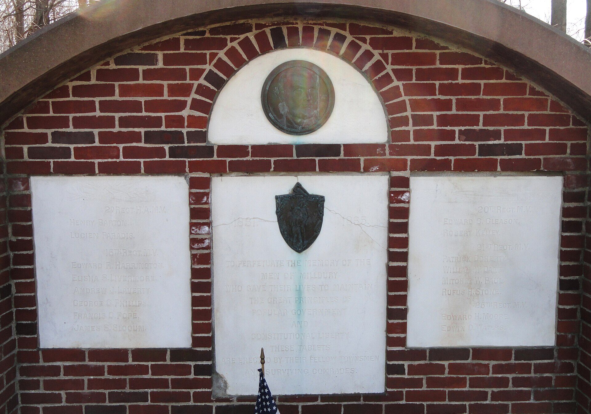 Brick and stone Civil War monument in Millbury